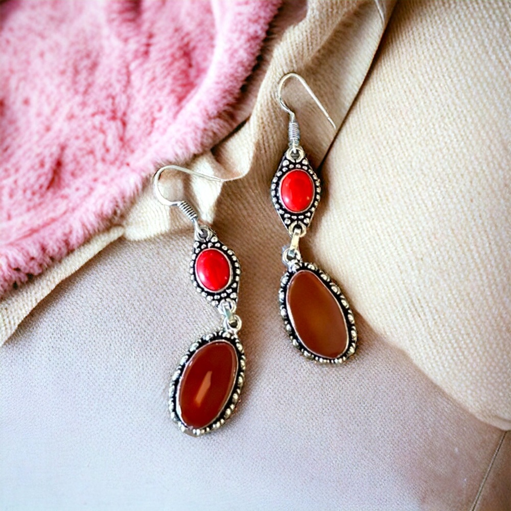 🆕 Tigers Eye Coral Handmade Gemstone Dangle Earring 9.25 Silver Overlay 🐯
